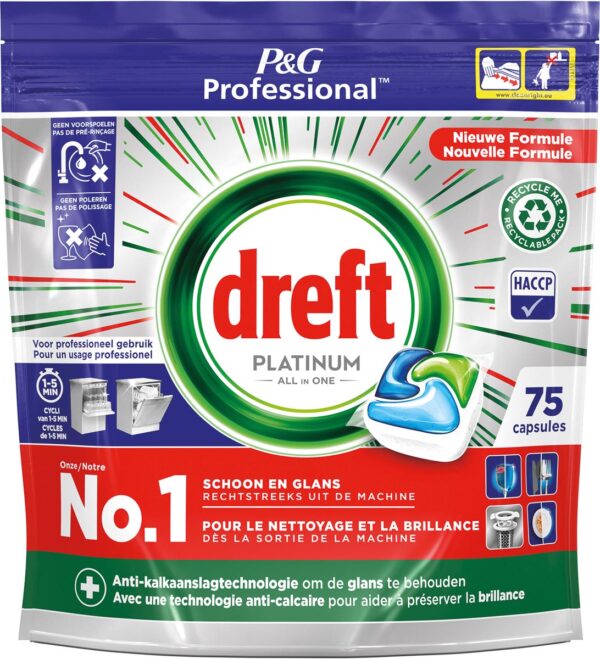 Dreft Platinum Regular vaatwastabletten, pak van 75 capsules